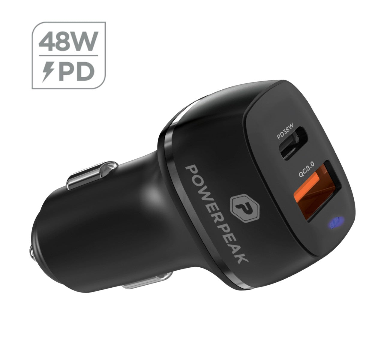 Powerpeak Dual Port USB-A & USB-C Dual Car Charger - 48W - Black & White