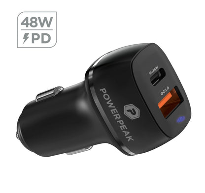 Powerpeak Dual Port USB-A & USB-C Dual Car Charger - 48W - Black & White