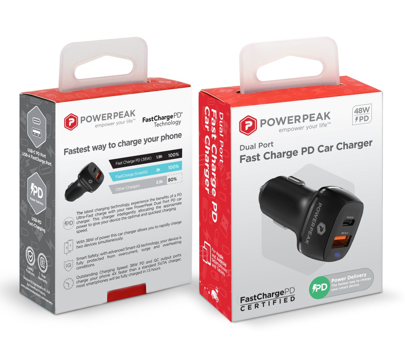 Powerpeak Dual Port USB-A & USB-C Dual Car Charger - 48W - Black & White