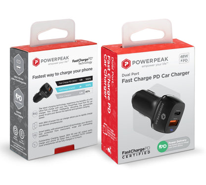Powerpeak Dual Port USB-A & USB-C Dual Car Charger - 48W - Black & White