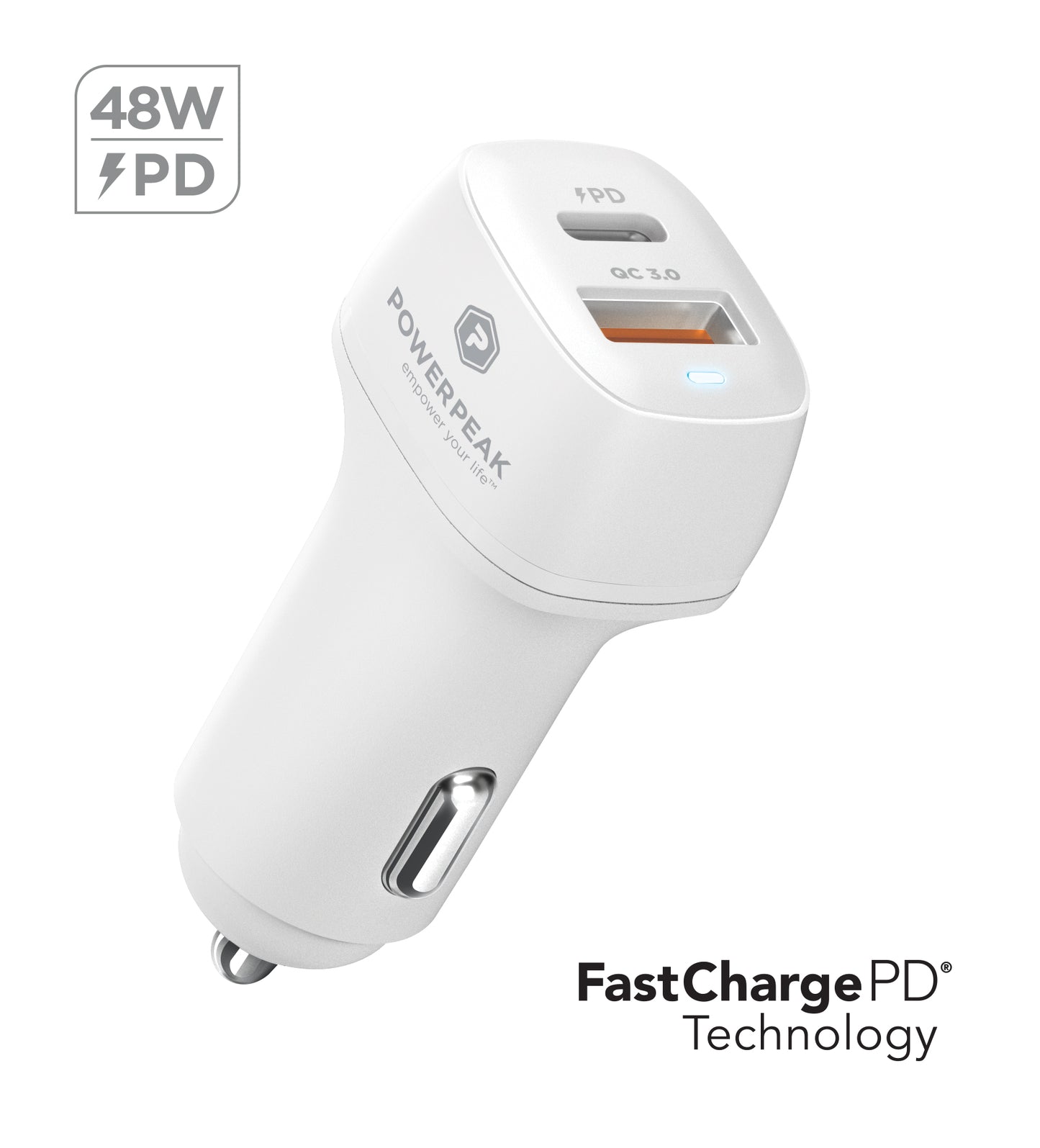 PowerPeak Super Fast 48W PD Car Charger A+C With Cable - WHITE