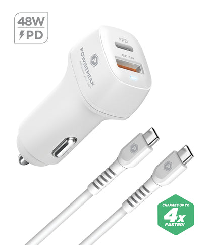 PowerPeak - Super Fast Car Charger USB-A+USB-C Kit With USB-C to USB-C Cable - 3 Ft - 48W - White