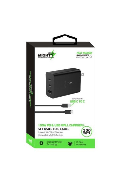 Baseline Dual USB-C + USB-A Fast Charging Travel/Wall Charger Kit With USB-C to USB-C Cable - 5 Ft - White