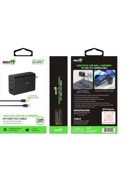 Baseline Dual USB-C + USB-A Fast Charging Travel/Wall Charger Kit With USB-C to USB-C Cable - 5 Ft - White