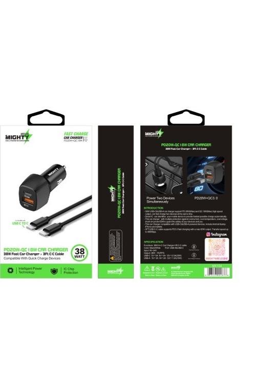 Baseline 38W USB-C & USB-A Fast Charging Car Charger Kit With USB-C to USB-C Cable - 3 Ft - Black