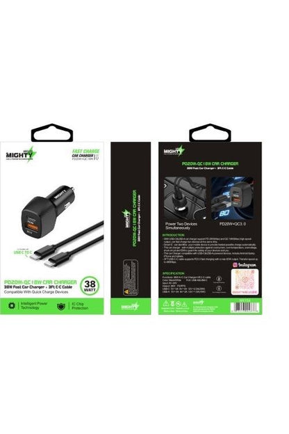 Baseline 38W USB-C & USB-A Fast Charging Car Charger Kit With USB-C to USB-C Cable - 3 Ft - Black