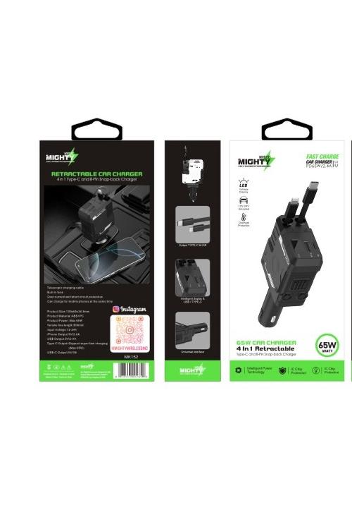 65W Fast Charging Retractable 4 In 1 Car Charger