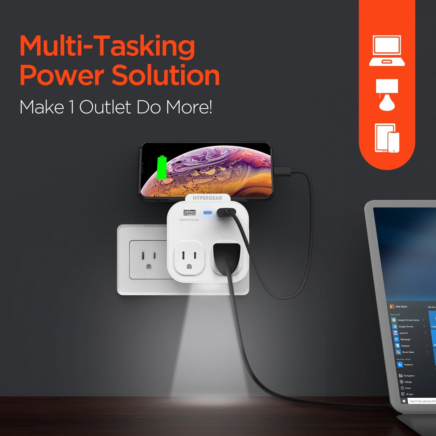 Hypergear Wall Adapter Power Strip with Dual USB and Dual AC Outlets + Phone Holder + Nightlight - White