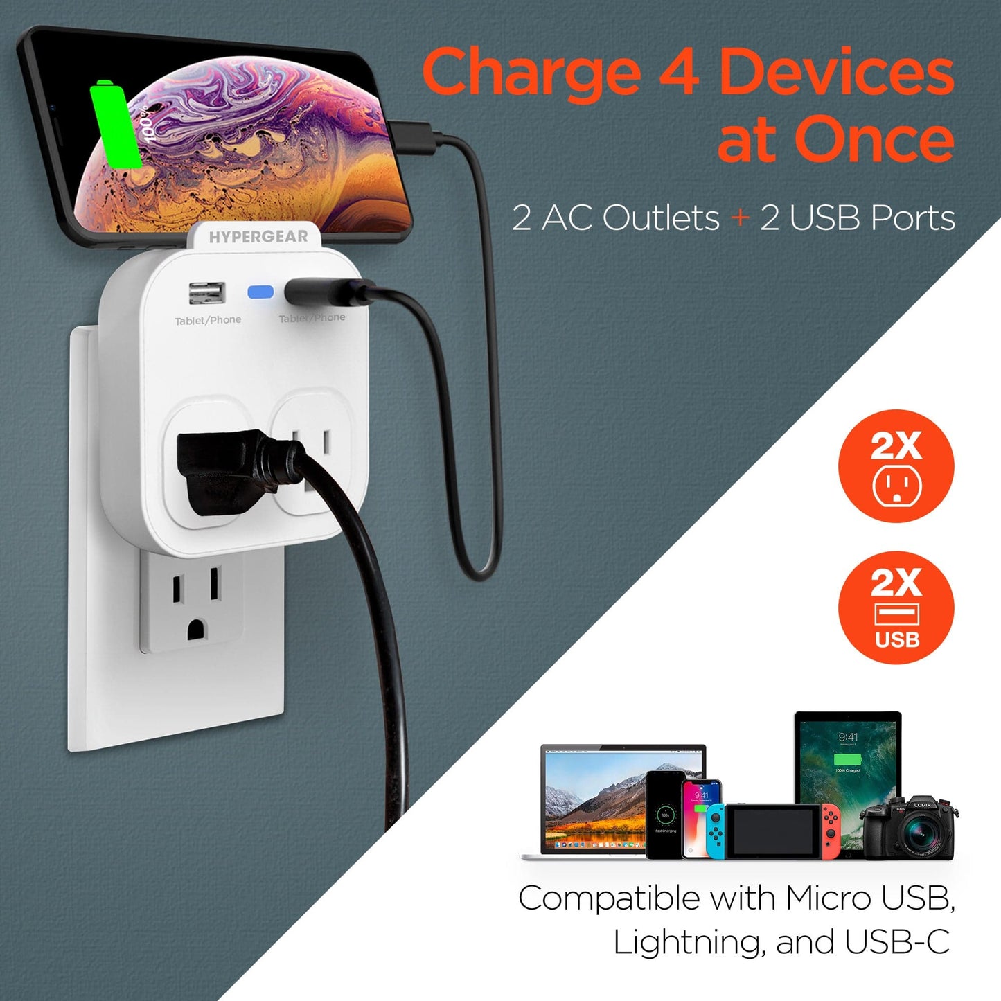 Hypergear Wall Adapter Power Strip with Dual USB and Dual AC Outlets + Phone Holder + Nightlight - White