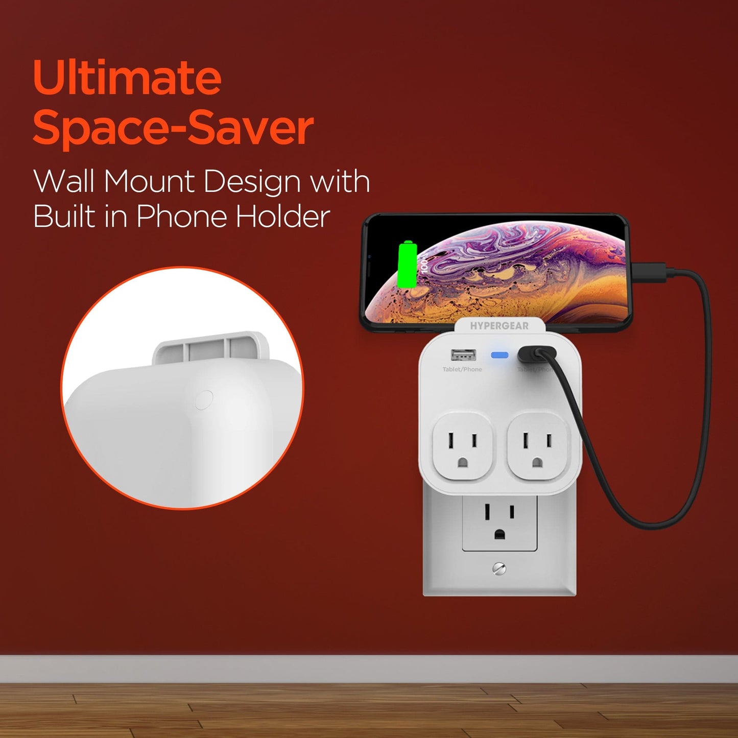 Hypergear Wall Adapter Power Strip with Dual USB and Dual AC Outlets + Phone Holder + Nightlight - White