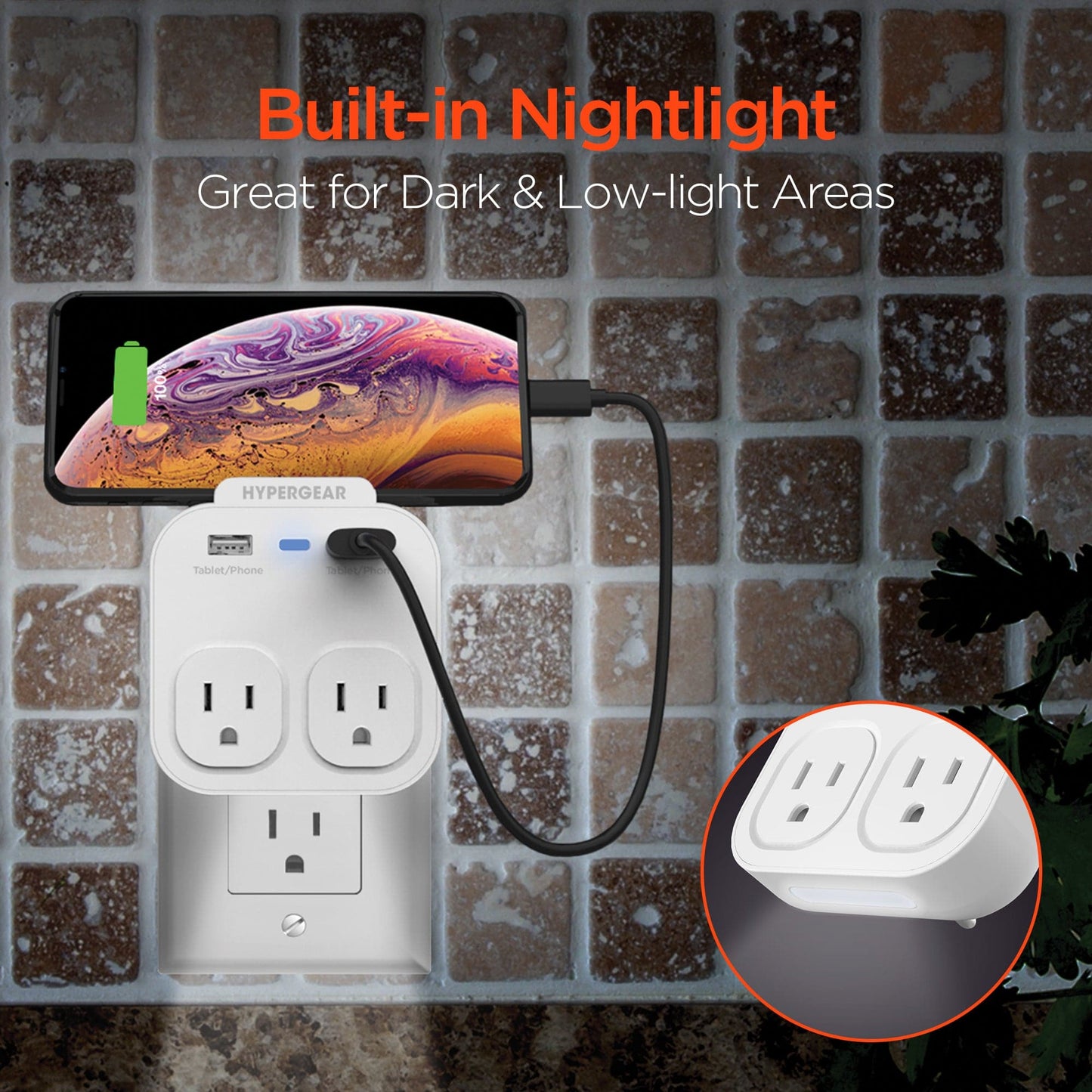 Hypergear Wall Adapter Power Strip with Dual USB and Dual AC Outlets + Phone Holder + Nightlight - White