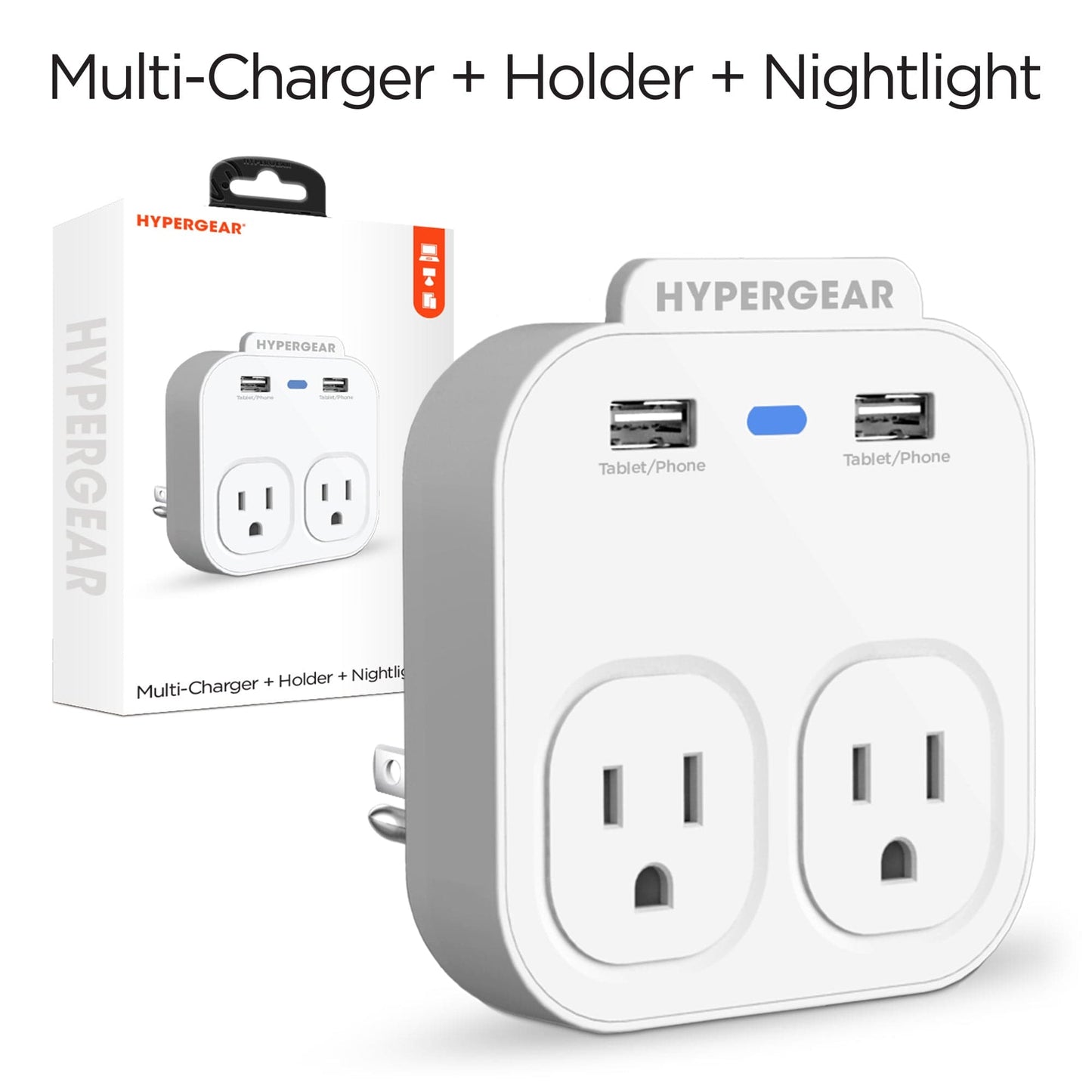 Hypergear Wall Adapter Power Strip with Dual USB and Dual AC Outlets + Phone Holder + Nightlight - White