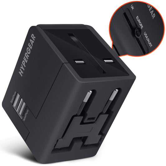 Hypergear All-in-One World Travel Adapter - Fits US, AUS, EU, and UK plug configurations - Black