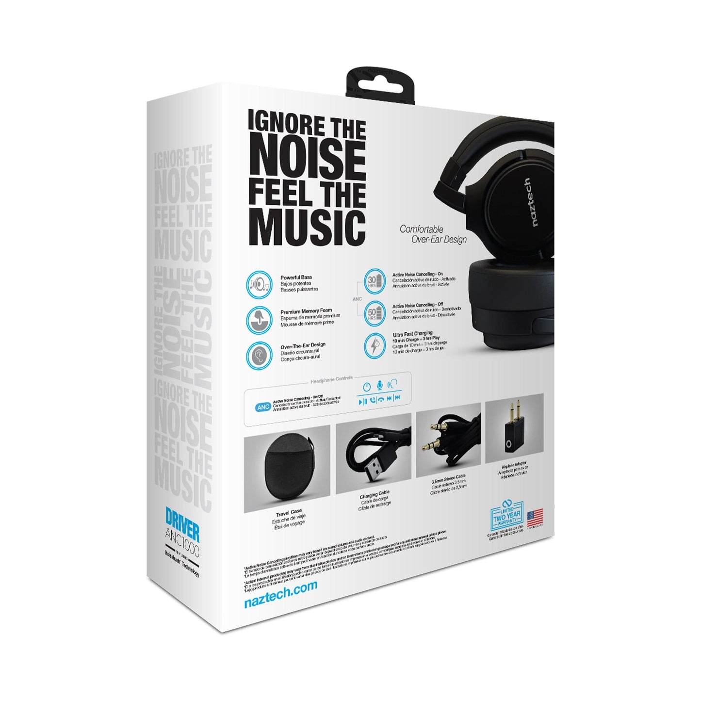 Naztech DRIVER ANC1000 Active Noise Cancelling Wireless Headphones - Color Options
