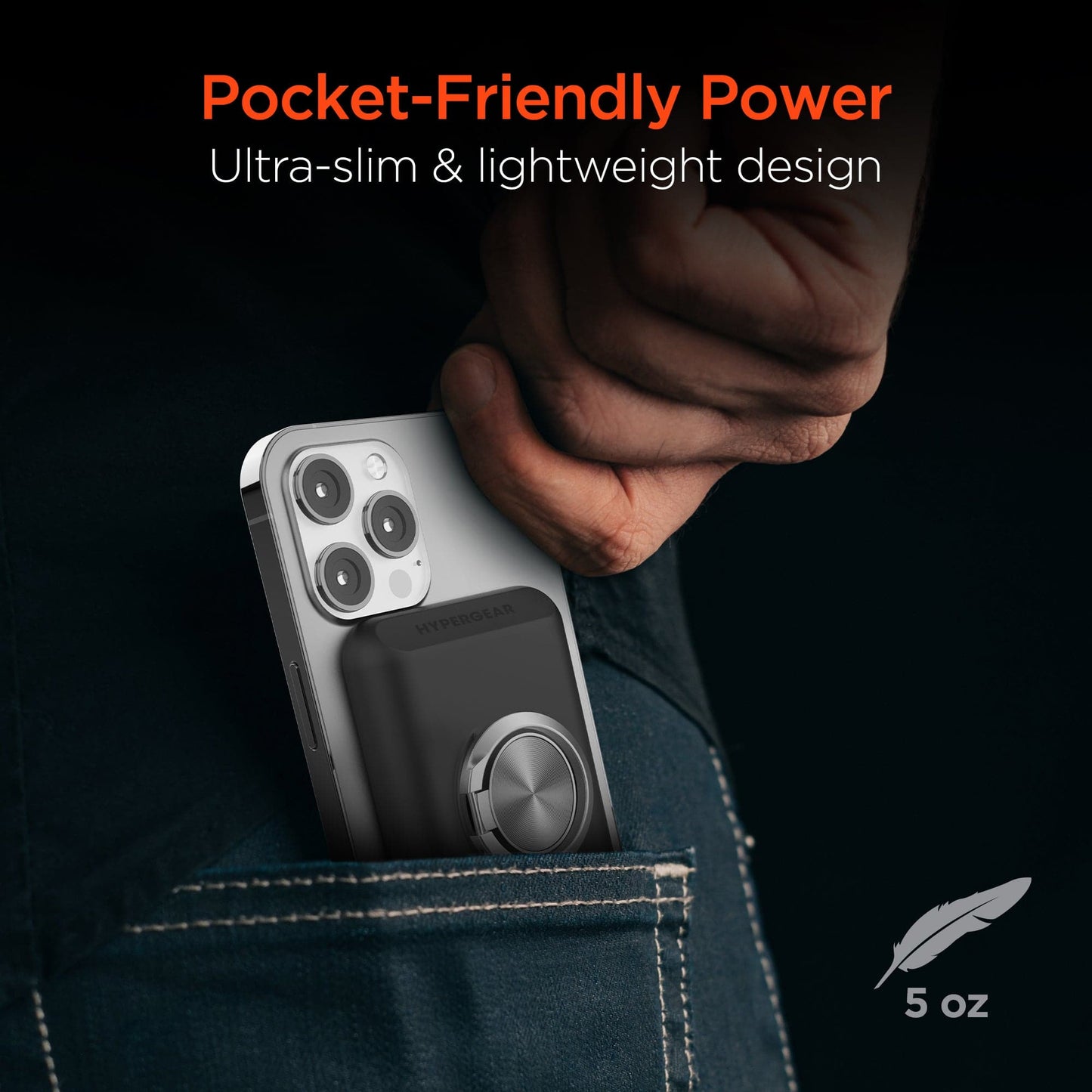 Hypergear 5,000mAh MagSafe Magnetic Wireless Fast Charge Power Bank with a built-in 360° ring holder + kickstand