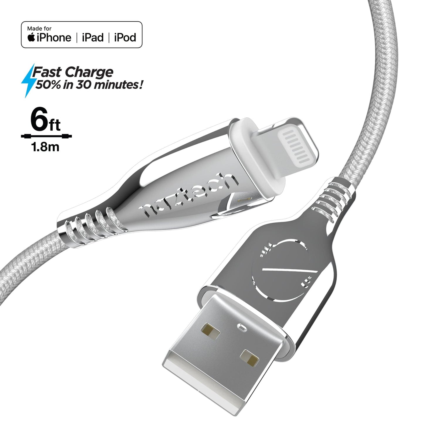 Naztech TITANIUM USB to Lightning Braided Cable - 6ft - Color Options