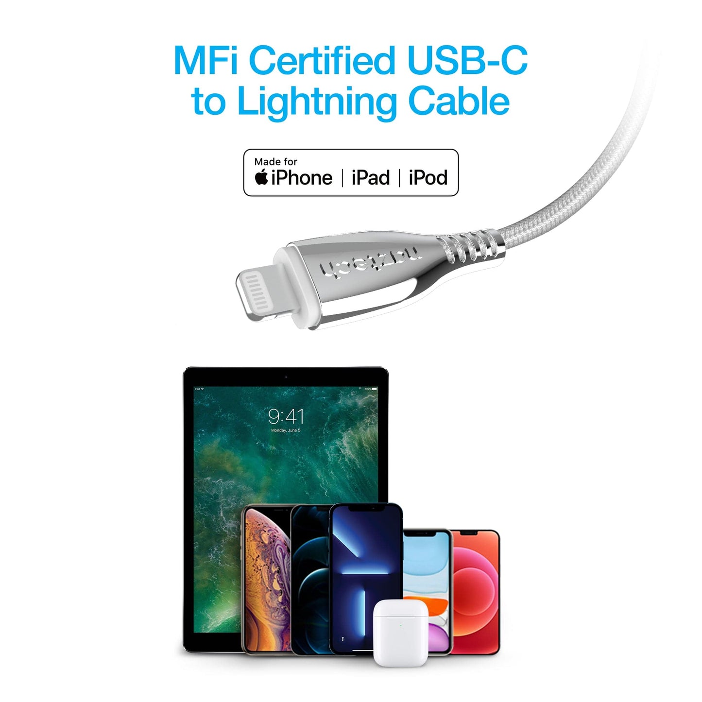 Naztech TITANIUM USB-C to MFi Lightning Braided Fast Charge Cable - 6ft - Color Options