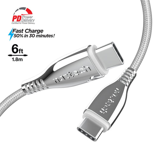 Naztech TITANIUM USB-C to USB-C Braided Fast Charge Cable - 6ft - Color Options