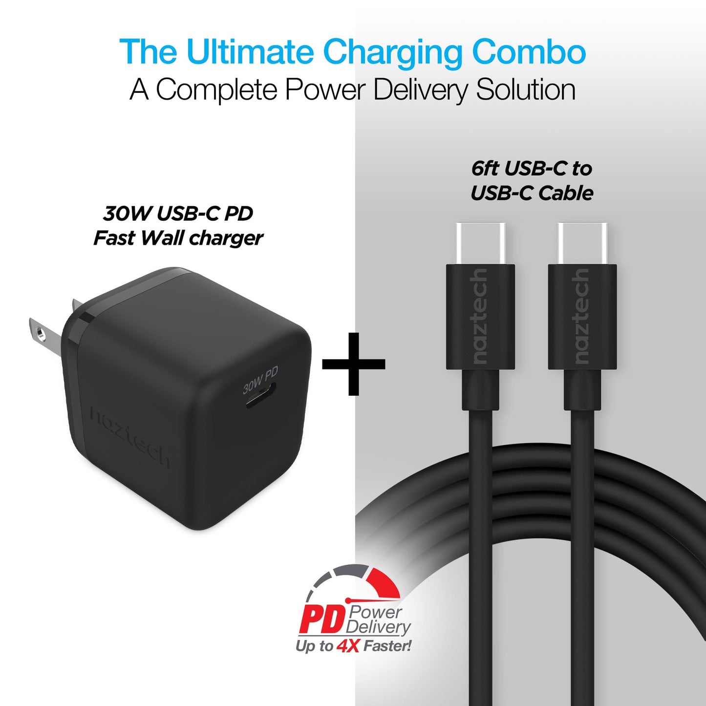 Naztech 30W USB-C PD Fast Wall Charger - 6ft USB-C Cable - Black