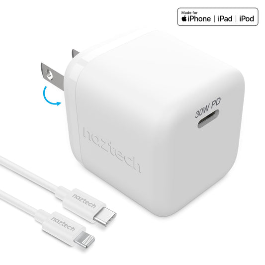Naztech 30W USB-C PD Fast Wall Charger - 6ft MFi Lightning Cable - White