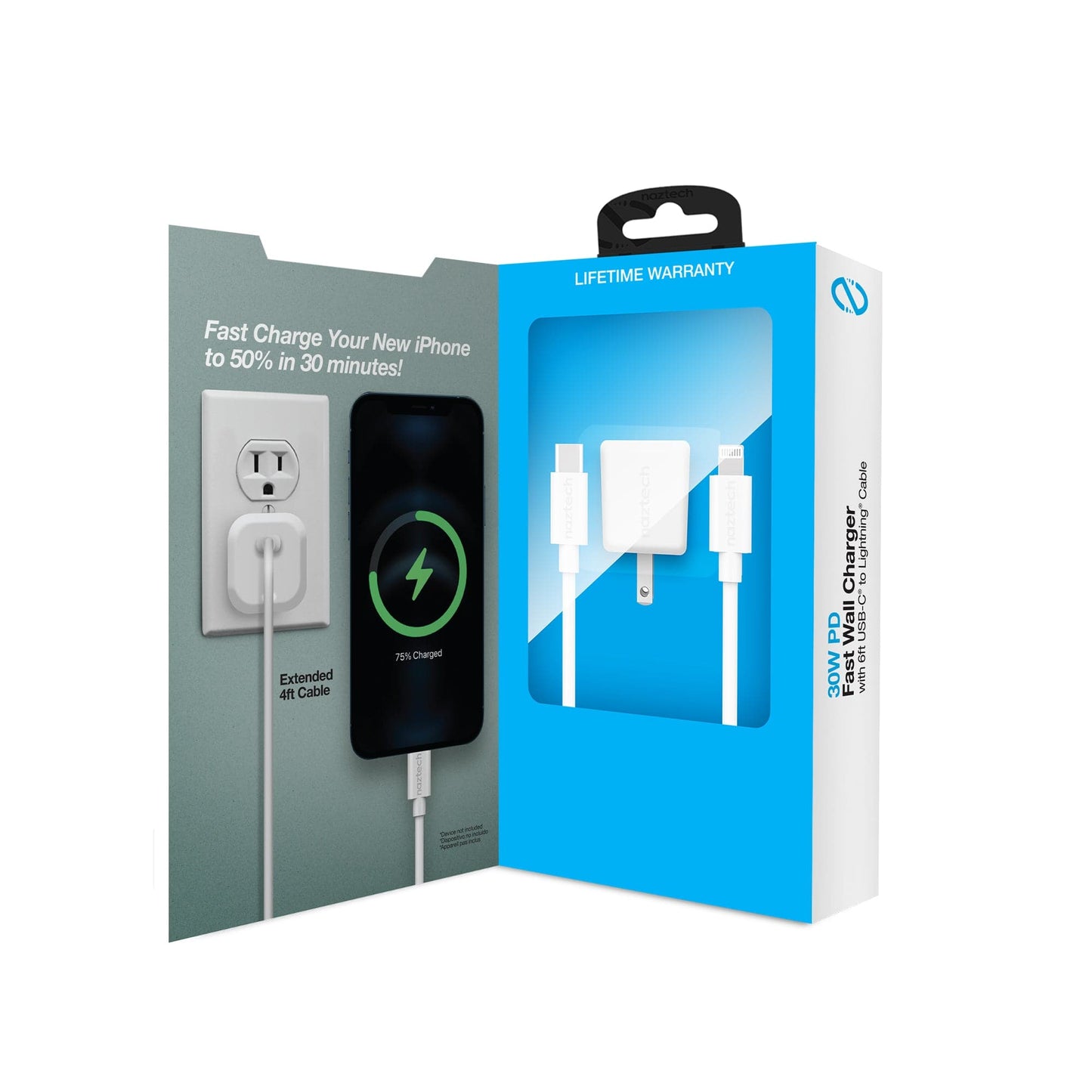 Naztech 30W USB-C PD Fast Wall Charger - 6ft MFi Lightning Cable - White