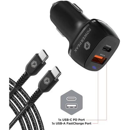 Powerpeak 30W USB & USB-C Dual Port  / USB-C to C Cable Fast Charge Car Charger Kit - Black