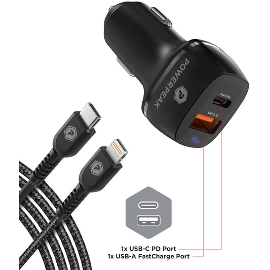 Powerpeak 30W USB & USB-C Dual Port  / USB-C to Lightning Cable Fast Charge Car Charger Kit - Black