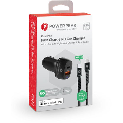 Powerpeak 30W USB & USB-C Dual Port  / USB-C to Lightning Cable Fast Charge Car Charger Kit - Black