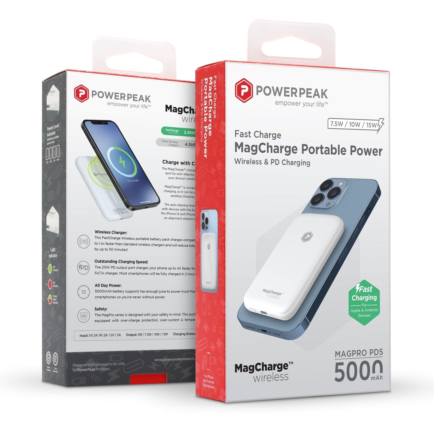 Powerpeak 5000mAh MagCharge Wireless Portable Charger Power Bank - White