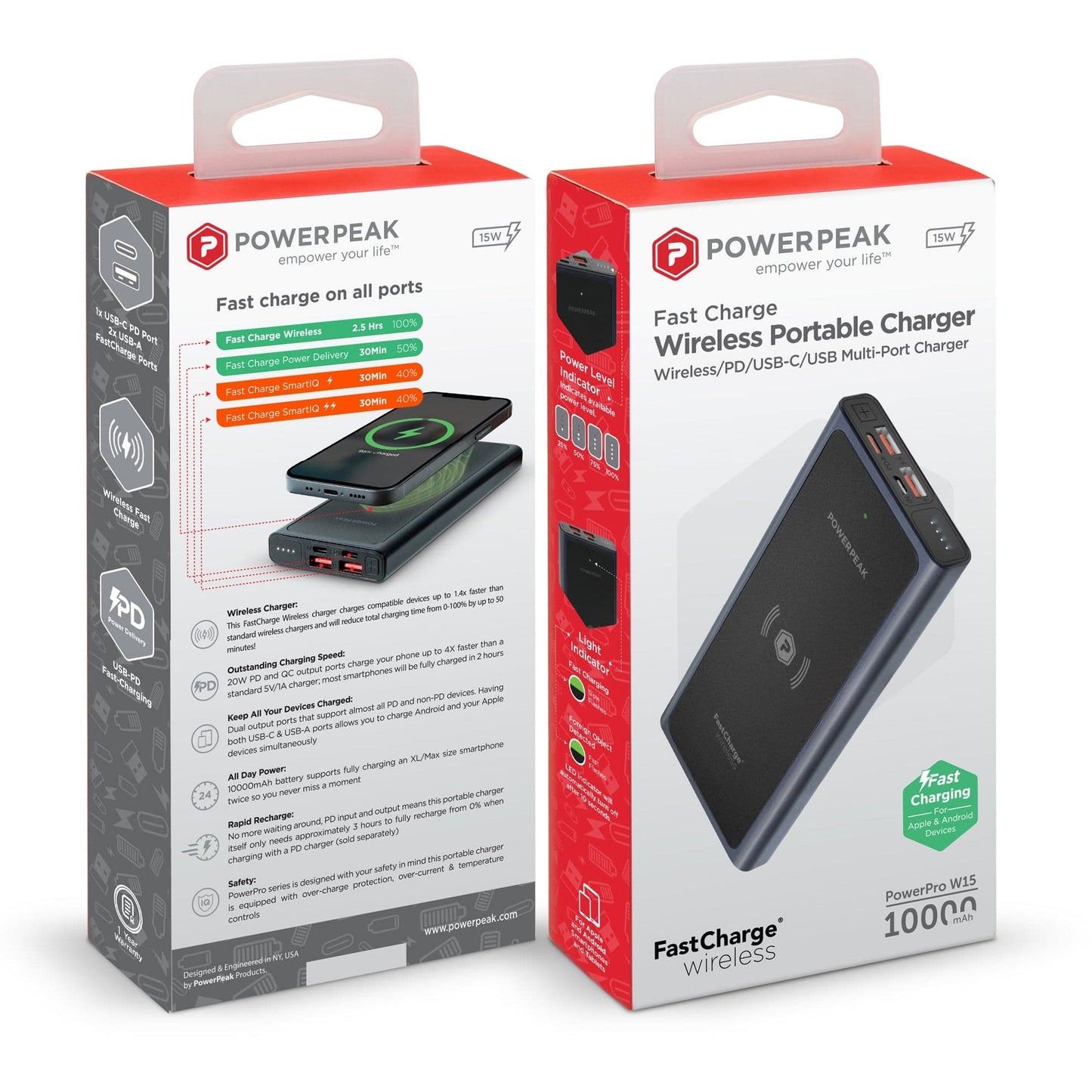 Powerpeak 10,000 MAh 2-in-1 Portable Fast Charge Wireless Charger And Battery Pack