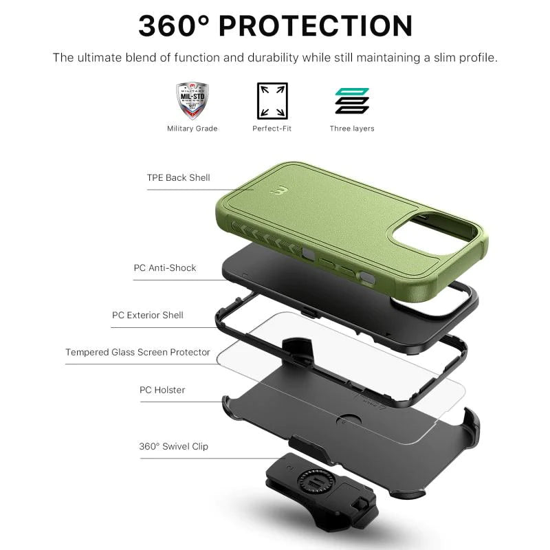 MYBAT Pro Antimicrobial Maverick Series Case with Holster and Tempered Glass - Apple iPhone 13 (6.1) - Color Options