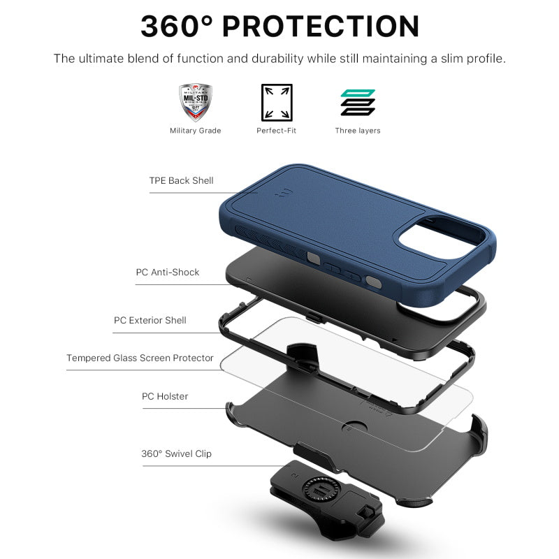 MyBat Pro Antimicrobial Maverick Series Case with Holster and Tempered Glass - Apple iPhone 13 Pro Max (6.7) - Color Options