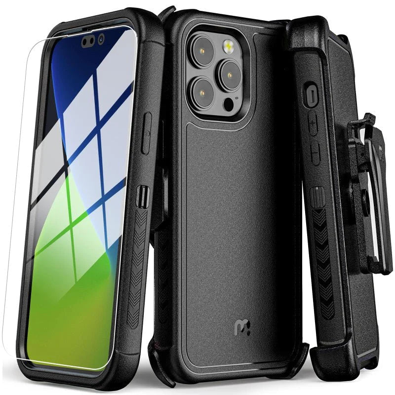 MyBat Pro Antimicrobial Maverick Series Case with Holster and Tempered Glass - Apple iPhone 14 Pro Max (6.7) - Color Options