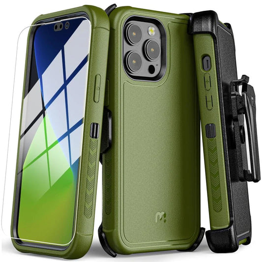 MyBat Pro Antimicrobial Maverick Series Case with Holster and Tempered Glass - Apple iPhone 14 Pro Max (6.7) - Color Options