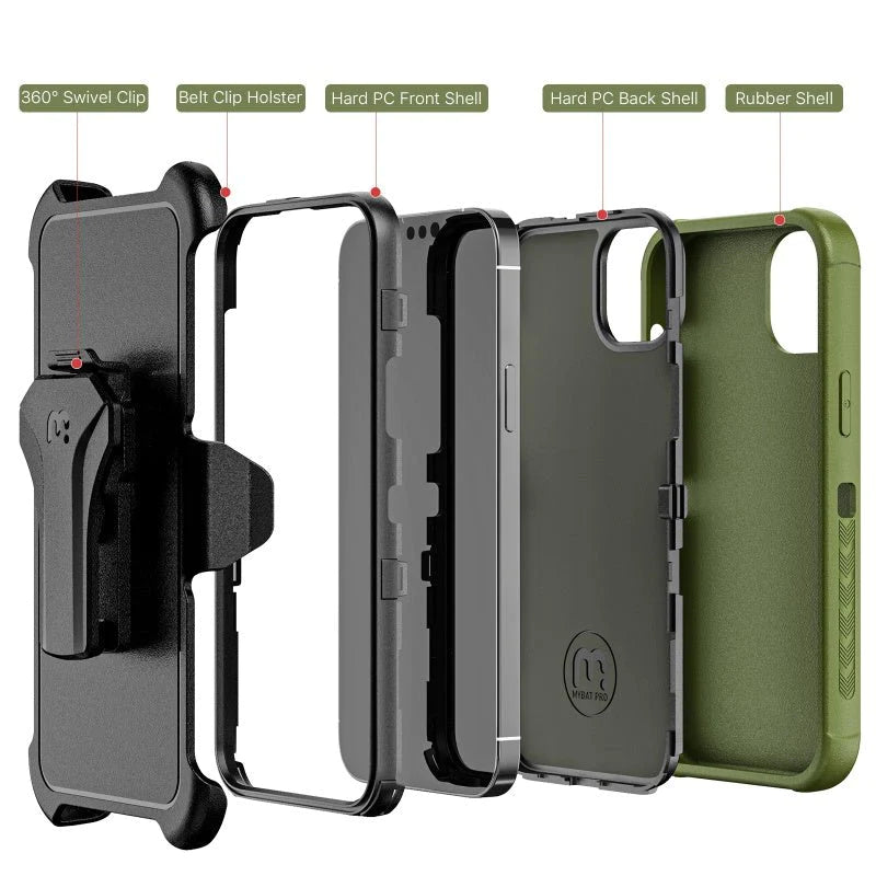 MyBat Pro Antimicrobial Maverick Series Case with Holster and Tempered Glass - Apple iPhone 14 Pro Max (6.7) - Color Options