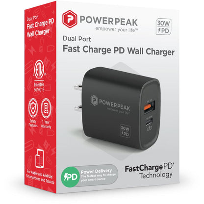 Powerpeak 30W USB & USB-C Dual Port Wall Adapter - Black