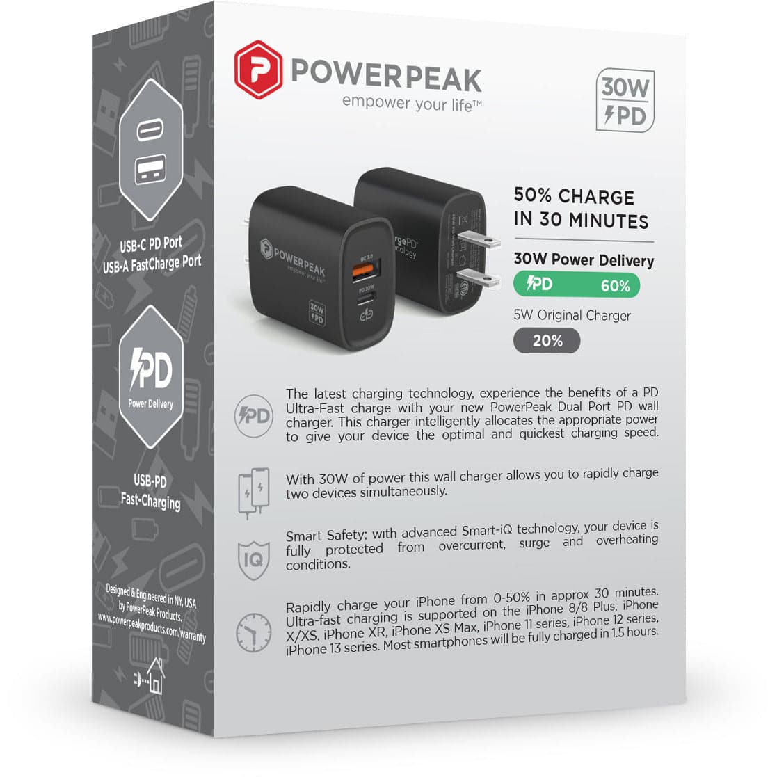 Powerpeak 30W USB & USB-C Dual Port Wall Adapter - Black