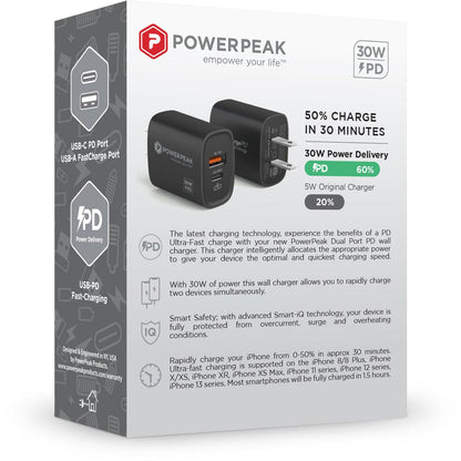 Powerpeak 30W USB & USB-C Dual Port Wall Adapter - Black