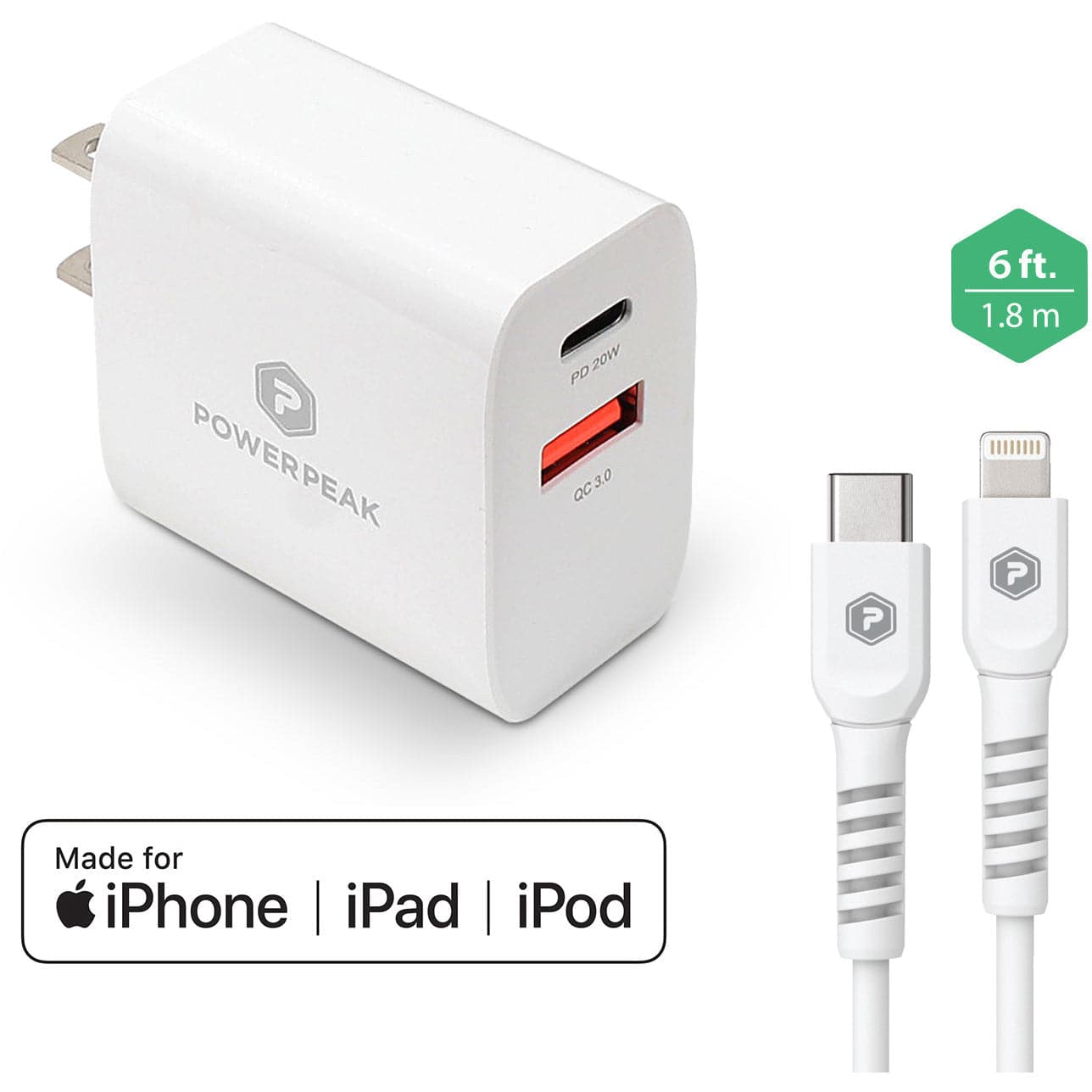 Powerpeak 20W USB & USB-C Dual Port / USB-C To Lightning Cable Fast Charge Wall Charger