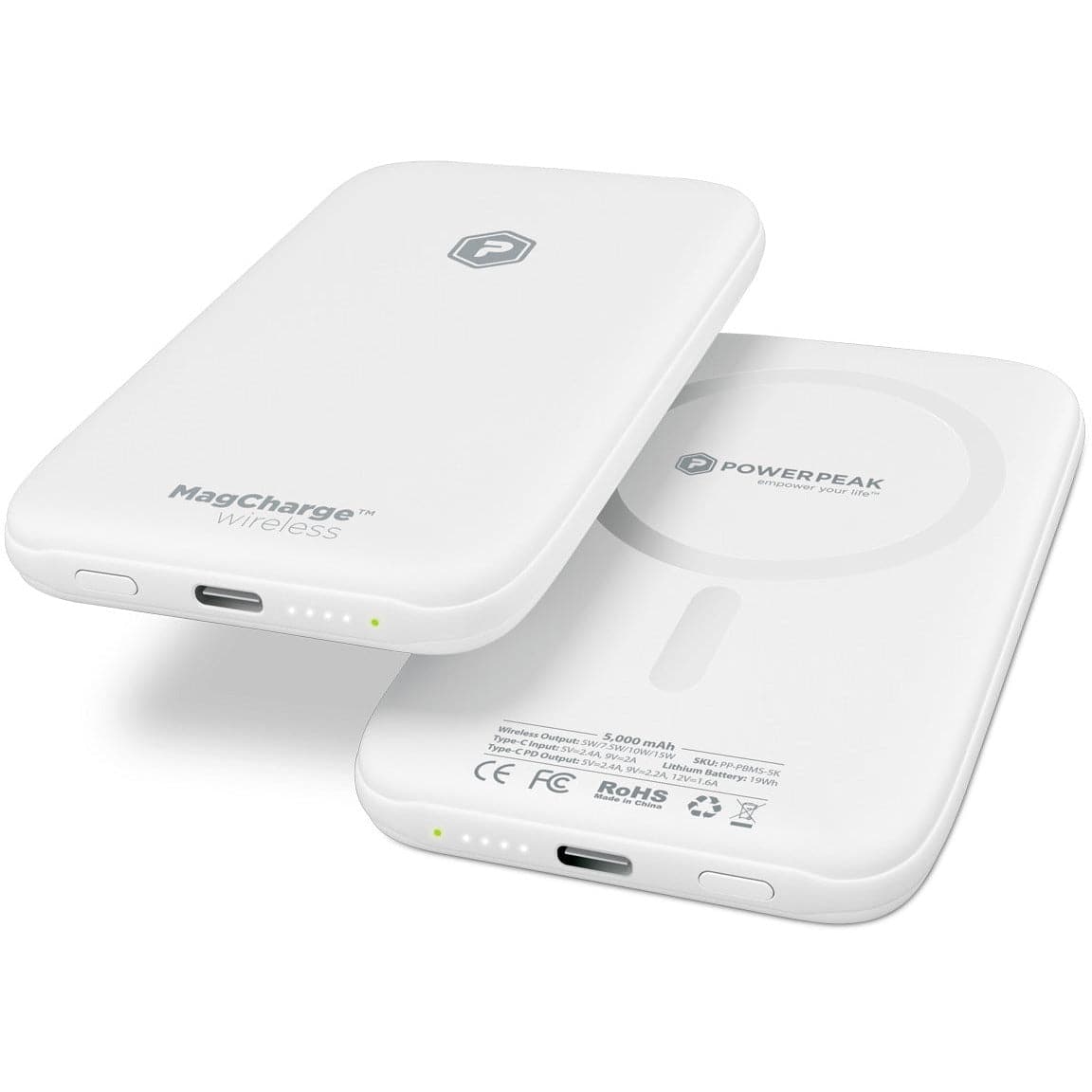 Powerpeak 5000mAh MagCharge Wireless Portable Charger Power Bank - White